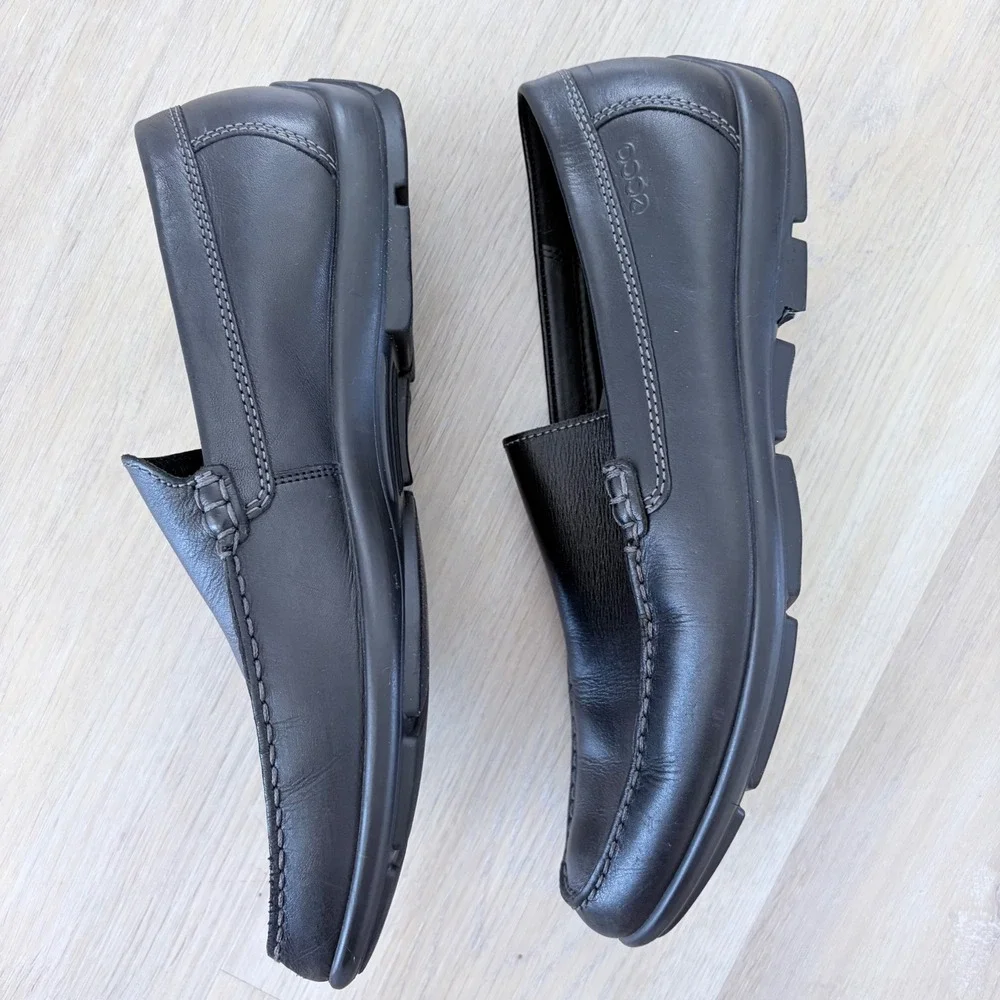 ECCO Mens‎ Black Leather Loafers Slip On Moc Toe Shoes EU 44/10.5 Handsewn